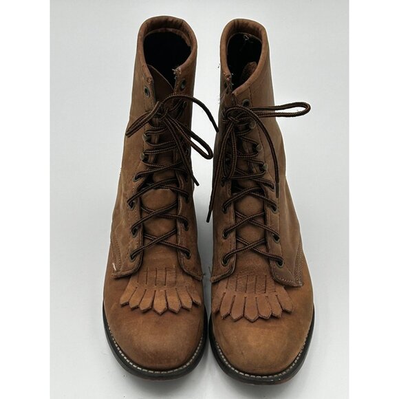 Laredo Boots Kiltie Fringe Womens 7M Lace-Up Roper Brown Leather USA Made - Picture 1 of 10